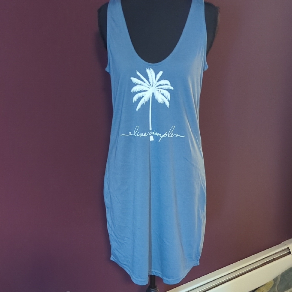 Blue Sleeveless Dress with Palm Tree Print